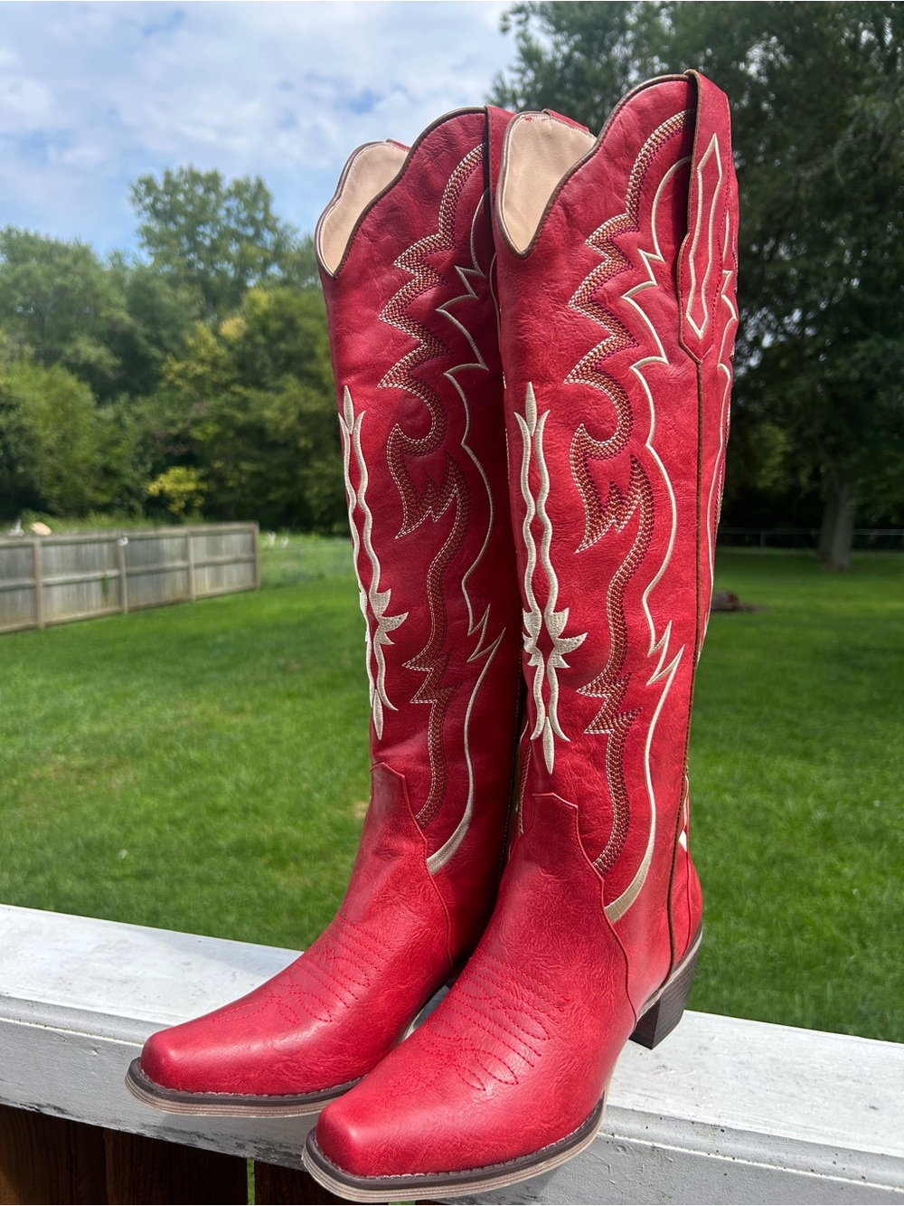 Women's Red Over-the-Knee Western Boots with Contrast Stitching